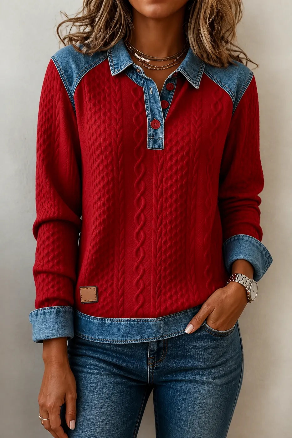Burgundy Women's Patchwork Knit Blouse with Denim Collar & Long Sleeves