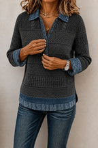 Gray Women's Patchwork Knit Blouse with Denim Collar & Long Sleeves