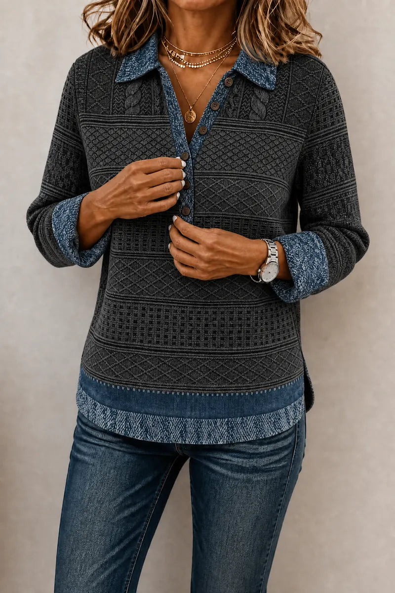 Gray Women's Patchwork Knit Blouse with Denim Collar & Long Sleeves