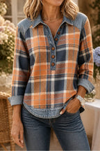 Orange Women's Patchwork Knit Blouse with Denim Collar & Long Sleeves