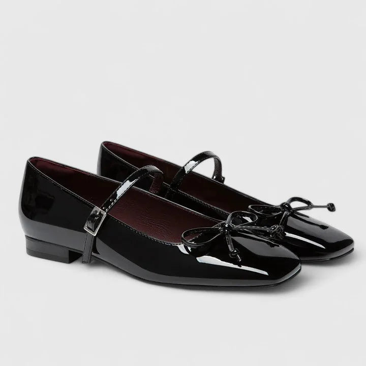 Black Women's Patent Leather Mary Ballet Flats — Bea Square Toe Bow Buckle - Pair Front Angle