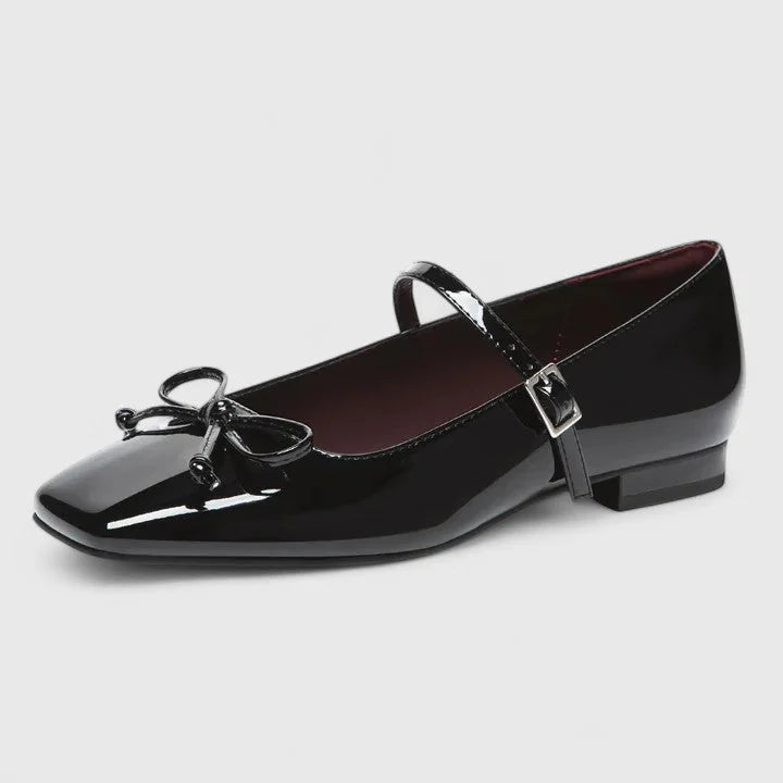 Black Women's Patent Leather Mary Ballet Flats — Bea Square Toe Bow Buckle - Side Angle Close