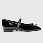 Black Women's Patent Leather Mary Ballet Flats — Bea Square Toe Bow Buckle - Side Profile View