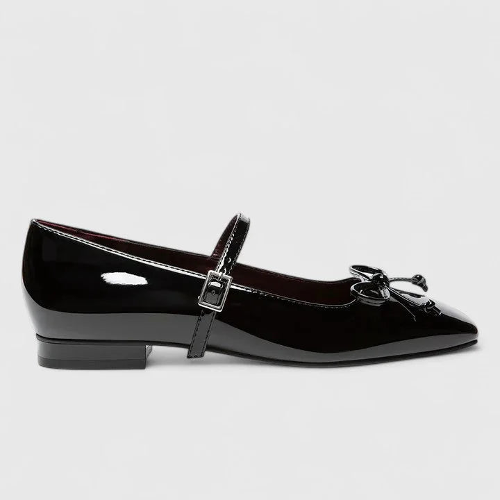 Black Women's Patent Leather Mary Ballet Flats — Bea Square Toe Bow Buckle - Side Profile View