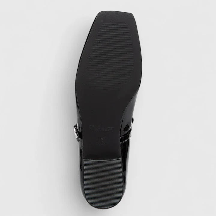 Black Women's Patent Leather Mary Ballet Flats — Bea Square Toe Bow Buckle - Sole Bottom View