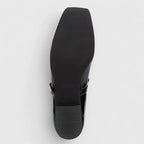 Black Women's Patent Leather Mary Ballet Flats — Bea Square Toe Bow Buckle - Sole Bottom View