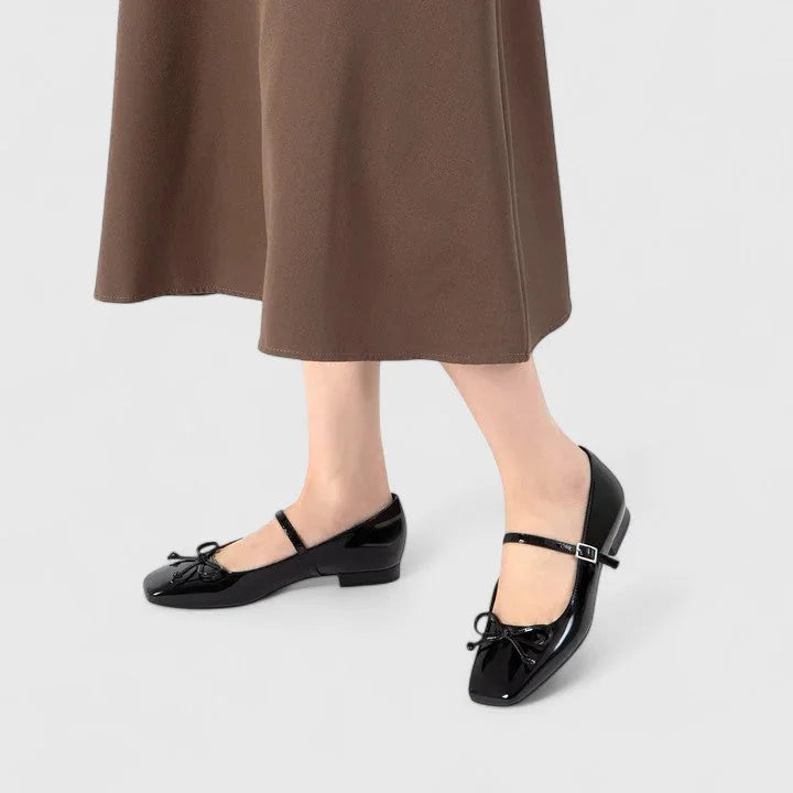 Black Women's Patent Leather Mary Ballet Flats — Bea Square Toe Bow Buckle - Worn Lifestyle