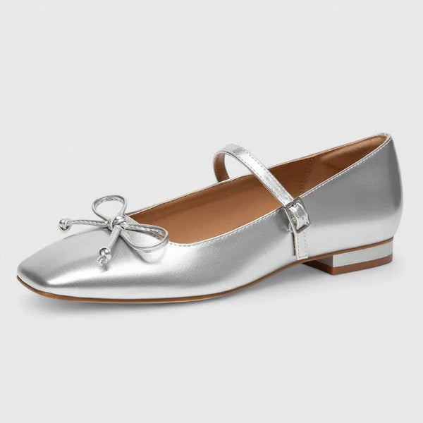 Silver Women's Patent Leather Mary Ballet Flats — Bea Square Toe Bow Buckle - Side Profile Full