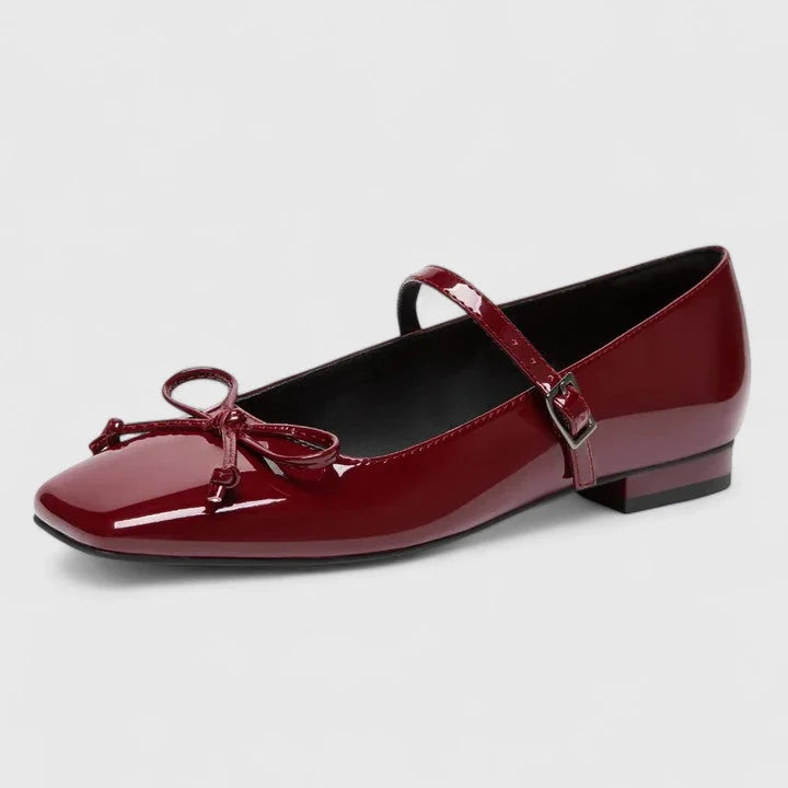Wine Women's Patent Leather Mary Ballet Flats — Bea Square Toe Bow Buckle - Side Angle View