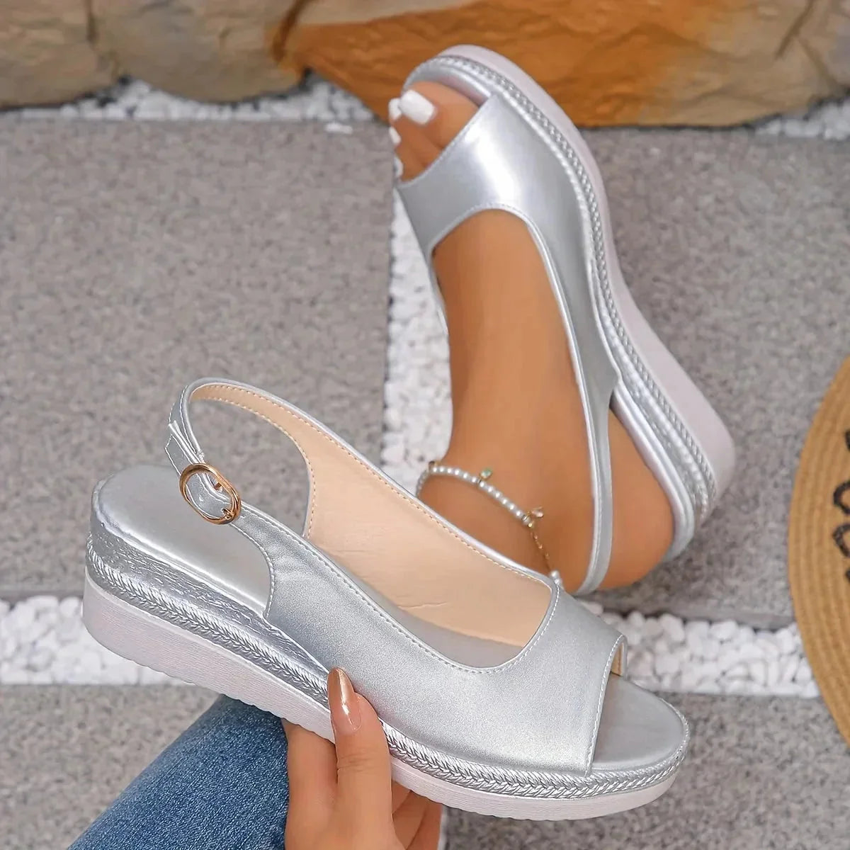 Silver Women's Peep-Toe Platform Wedge Silver Sandals — Irina Ankle Strap Espadrille - Close Up Detail