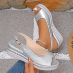 Silver Women's Peep-Toe Platform Wedge Silver Sandals — Irina Ankle Strap Espadrille - Close Up Detail