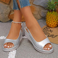 Women's Peep-Toe Platform Wedge Silver Sandals — Irina Ankle Strap Espadrille