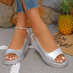 Silver Women's Peep-Toe Platform Wedge Silver Sandals — Irina Ankle Strap Espadrille - Front Full