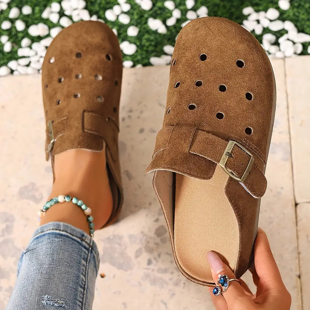 Brown Women's Perforated Comfort Garden Clogs — Tabitha Everyday Buckle Mule - Top Down Hand Hold