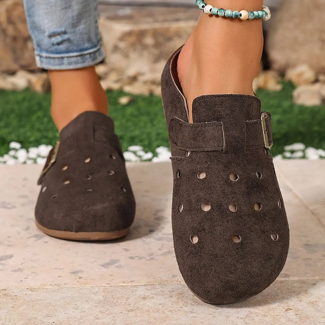 Dark Brown Women's Perforated Comfort Garden Clogs — Tabitha Everyday Buckle Mule - Front Back Detail