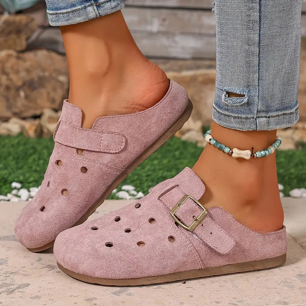 Pink Women's Perforated Comfort Garden Clogs — Tabitha Everyday Buckle Mule - Side Profile Worn