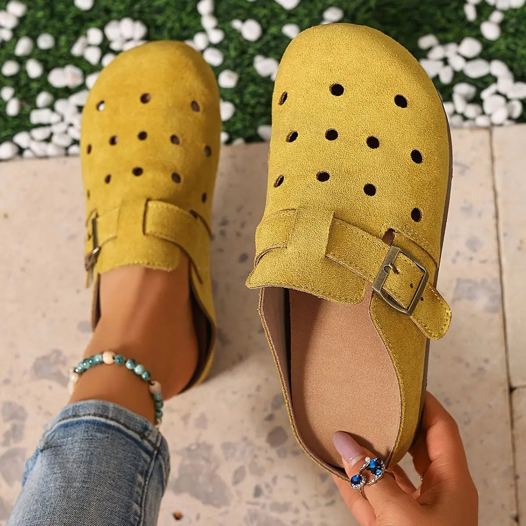 Yellow Women's Perforated Comfort Garden Clogs — Tabitha Everyday Buckle Mule - Top Down Flat Lay