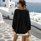 Black Women's Loose Fit Tunic Blouse with Pin-Tuck Pleats & Button-Front Placket — Lila - Back Full Standing