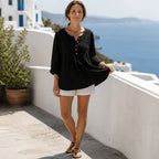 Black Women's Loose Fit Tunic Blouse with Pin-Tuck Pleats & Button-Front Placket — Lila - Front Full Walking