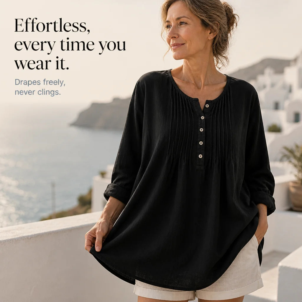 Black Women's Loose Fit Tunic Blouse with Pin-Tuck Pleats & Button-Front Placket — Lila - Infographic Effortless Drape