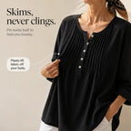 Black Women's Loose Fit Tunic Blouse with Pin-Tuck Pleats & Button-Front Placket — Lila - Infographic Fabric Drape