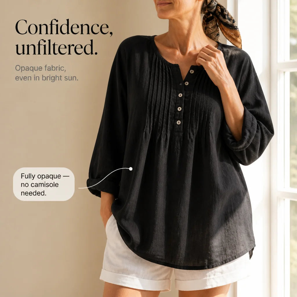 Black Women's Loose Fit Tunic Blouse with Pin-Tuck Pleats & Button-Front Placket — Lila - Infographic Opaque Fabric