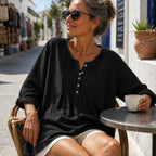 Black Women's Loose Fit Tunic Blouse with Pin-Tuck Pleats & Button-Front Placket — Lila - Seated Street Cafe