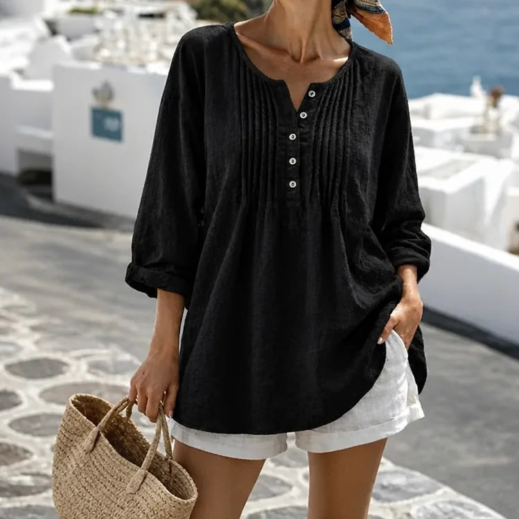 Black Women's Loose Fit Tunic Blouse with Pin-Tuck Pleats & Button-Front Placket — Lila