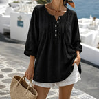 Black Women's Loose Fit Tunic Blouse with Pin-Tuck Pleats & Button-Front Placket — Lila