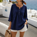 Navy Blue Women's Loose Fit Tunic Blouse with Pin-Tuck Pleats & Button-Front Placket — Lila
