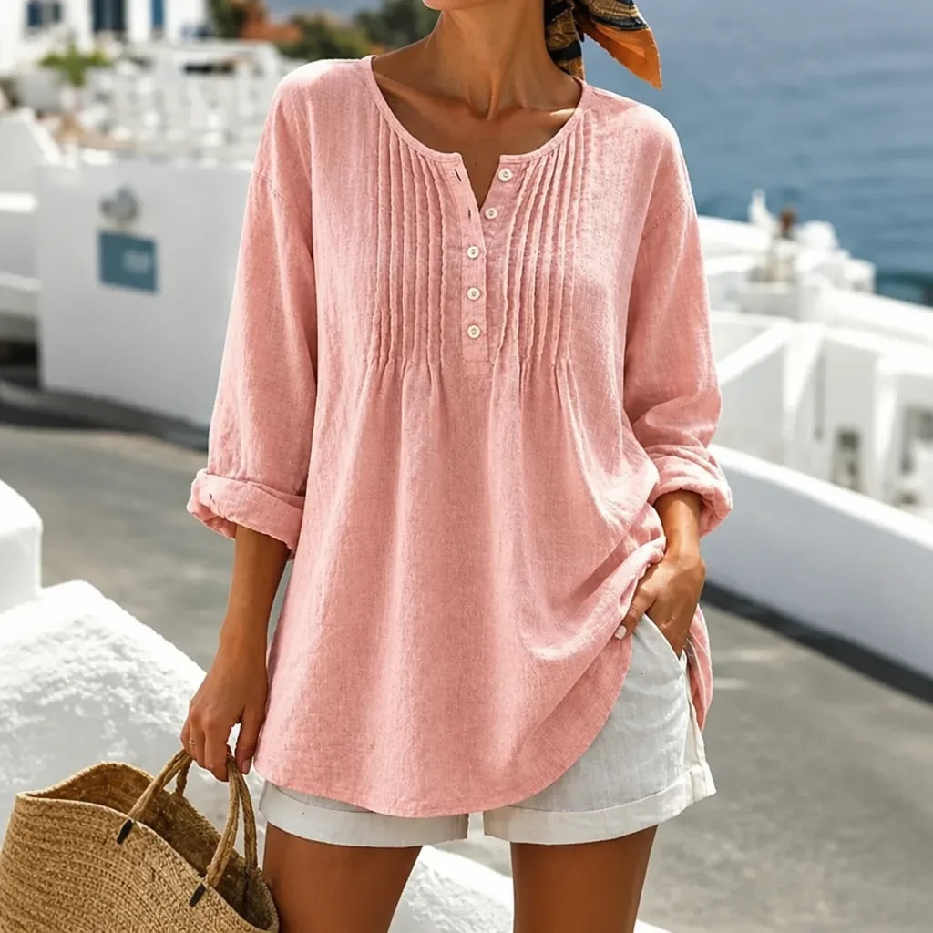 Pink Women's Loose Fit Tunic Blouse with Pin-Tuck Pleats & Button-Front Placket — Lila