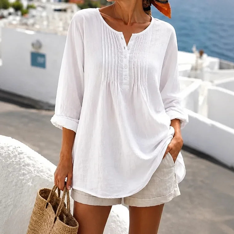 White Women's Loose Fit Tunic Blouse with Pin-Tuck Pleats & Button-Front Placket — Lila
