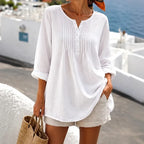 White Women's Loose Fit Tunic Blouse with Pin-Tuck Pleats & Button-Front Placket — Lila