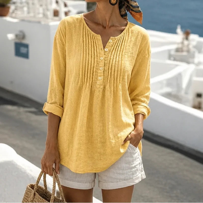 Yellow Women's Loose Fit Tunic Blouse with Pin-Tuck Pleats & Button-Front Placket — Lila