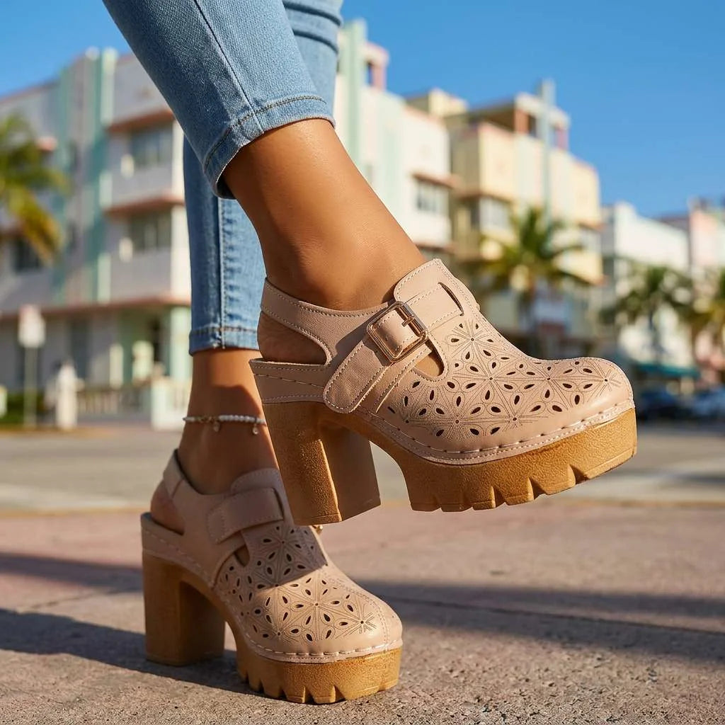 Beige Women's Platform Buckle Clogs — Brielle Faux Leather Cutout Block Heel - Outdoor Pose