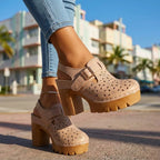 Beige Women's Platform Buckle Clogs — Brielle Faux Leather Cutout Block Heel - Outdoor Pose