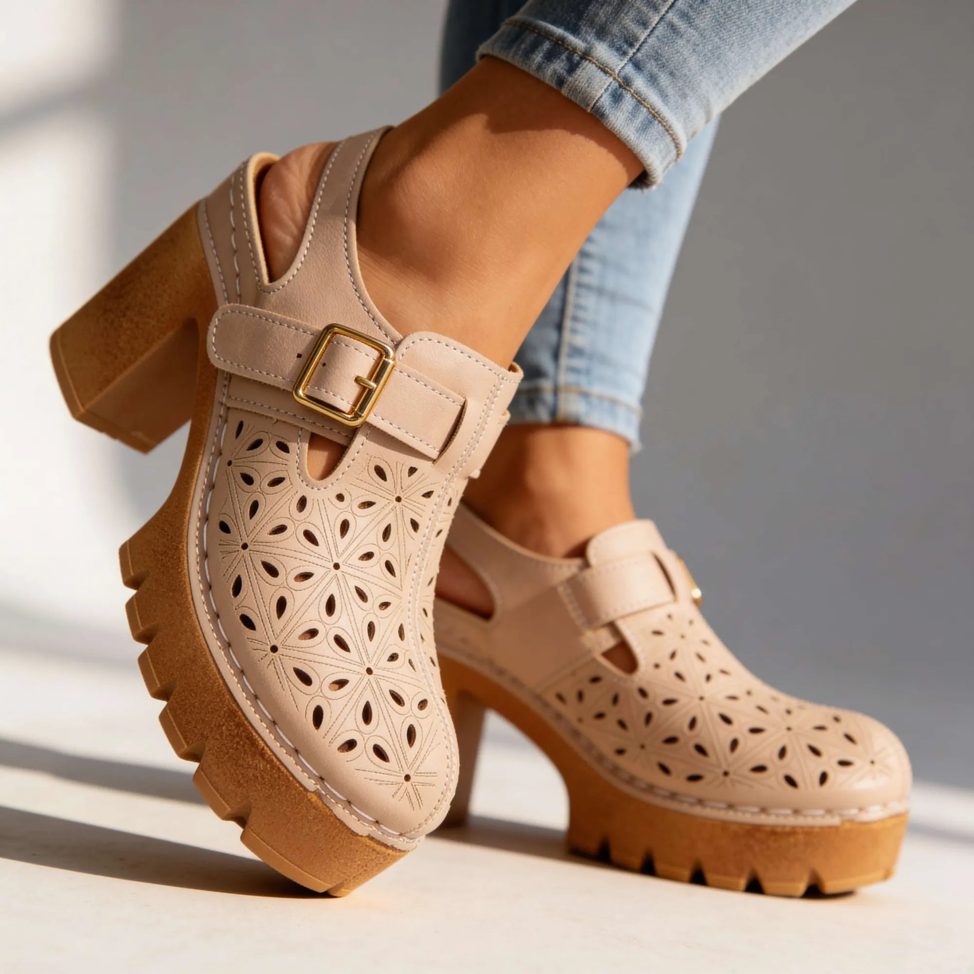 Beige Women's Platform Buckle Clogs — Brielle Faux Leather Cutout Block Heel - Studio Close Up