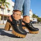 Black Women's Platform Buckle Clogs — Brielle Faux Leather Cutout Block Heel - Street Pose