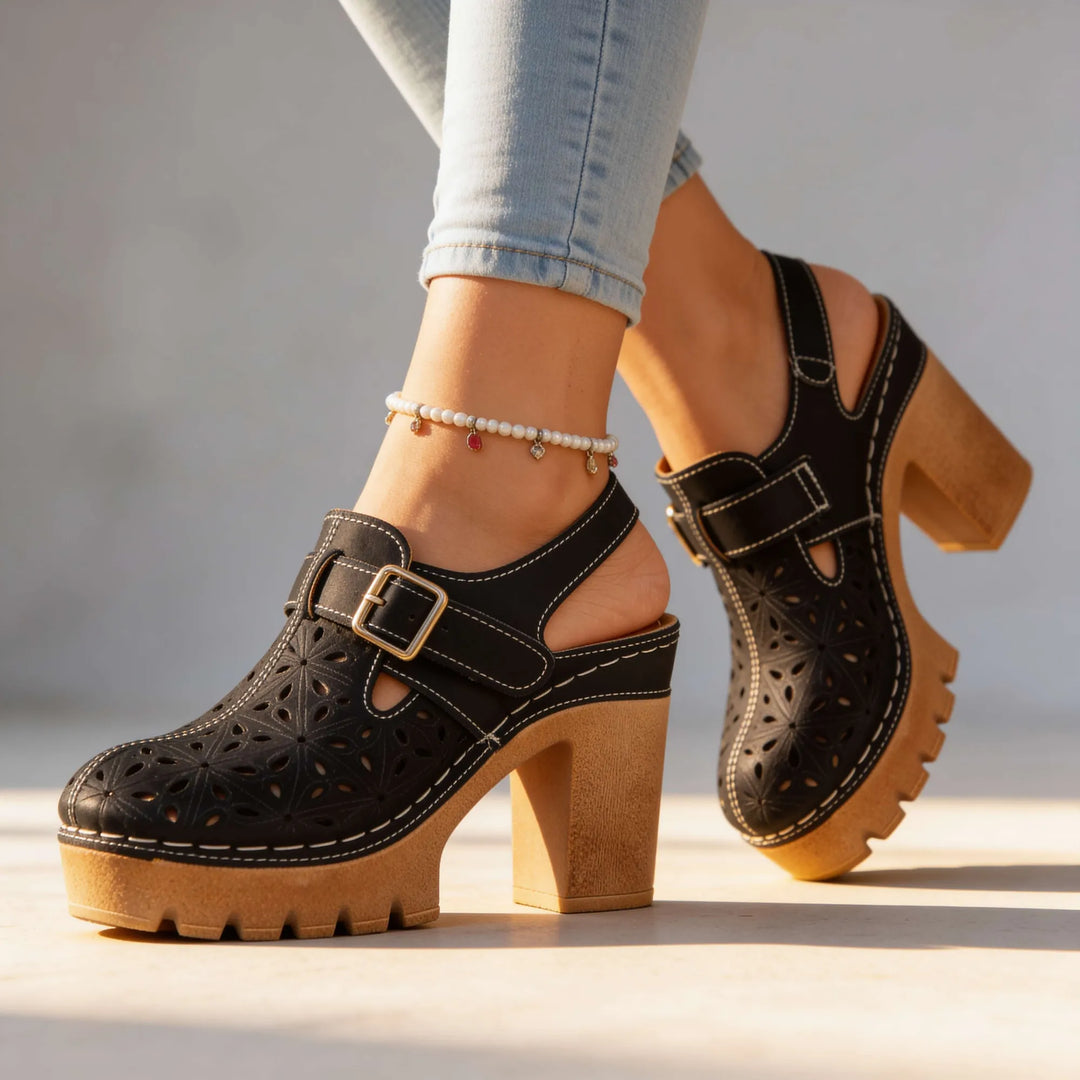 Black Women's Platform Buckle Clogs — Brielle Faux Leather Cutout Block Heel - Studio Side Detail