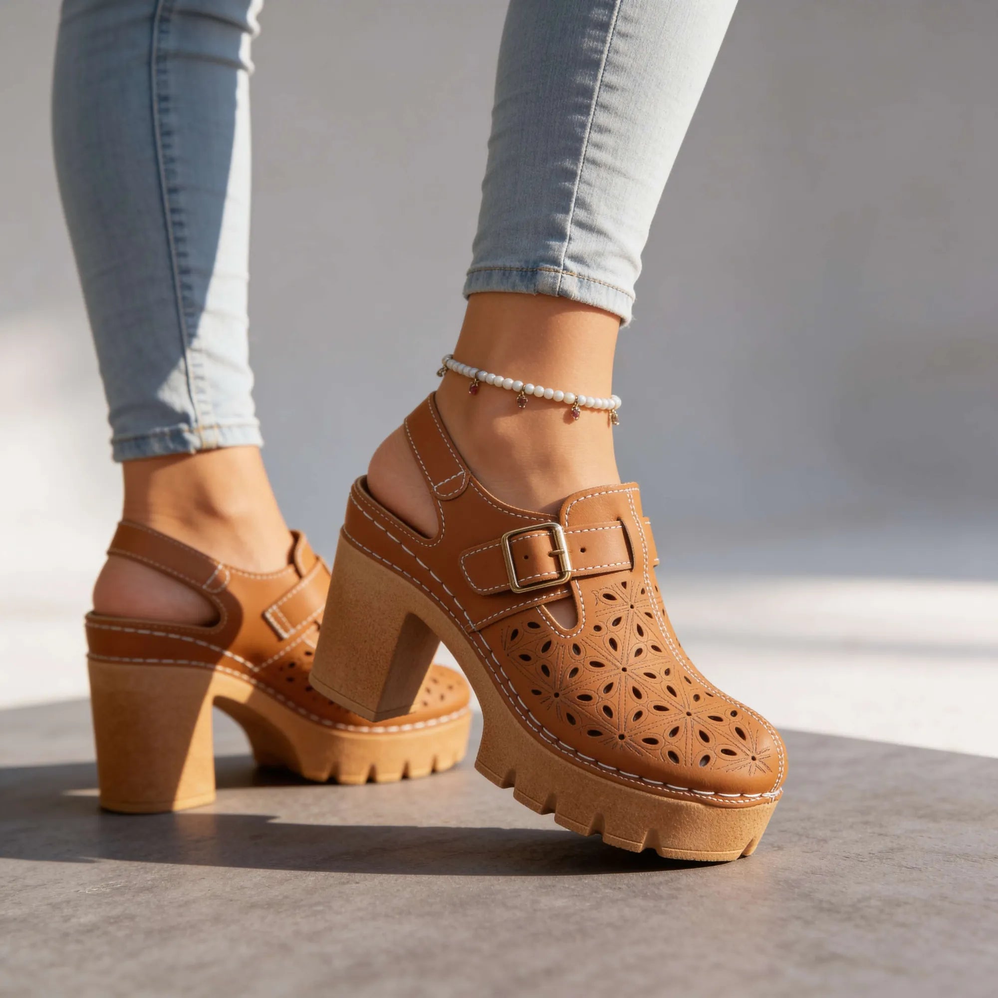 Brown Women's Platform Buckle Clogs — Brielle Faux Leather Cutout Block Heel - Side Pose Studio