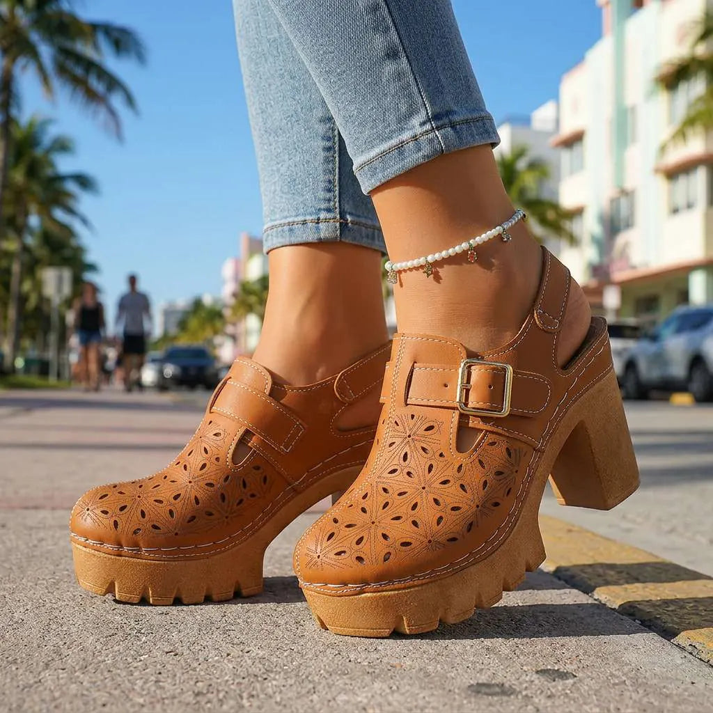 Brown Women's Platform Buckle Clogs — Brielle Faux Leather Cutout Block Heel - Street Lifestyle