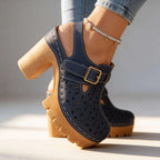 Navy Women's Platform Buckle Clogs — Brielle Faux Leather Cutout Block Heel - Close Up Buckle