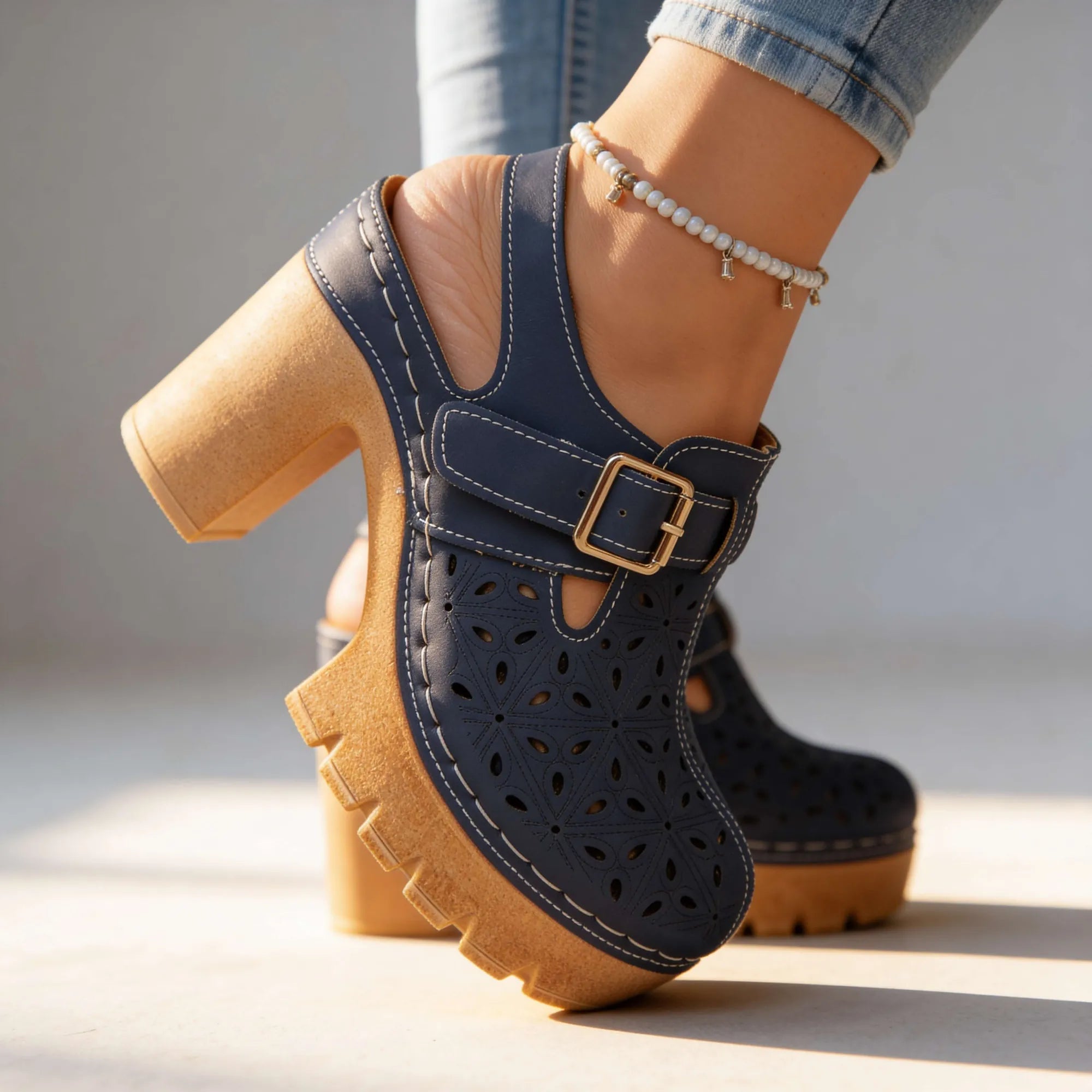 Navy Women's Platform Buckle Clogs — Brielle Faux Leather Cutout Block Heel - Close Up Buckle
