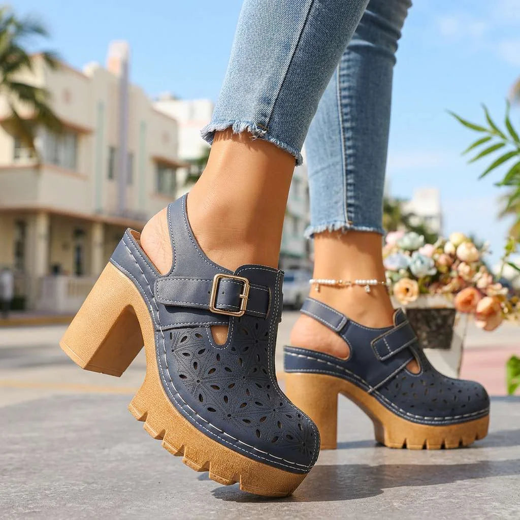 Navy Women's Platform Buckle Clogs — Brielle Faux Leather Cutout Block Heel - Street Walking