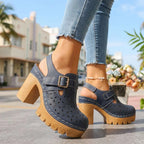 Navy Women's Platform Buckle Clogs — Brielle Faux Leather Cutout Block Heel - Street Walking