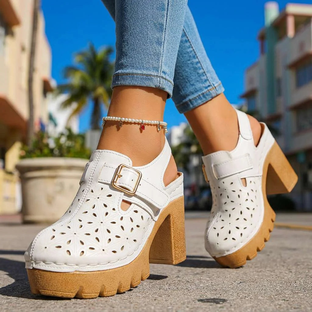 White Women's Platform Buckle Clogs — Brielle Faux Leather Cutout Block Heel - Street Full View