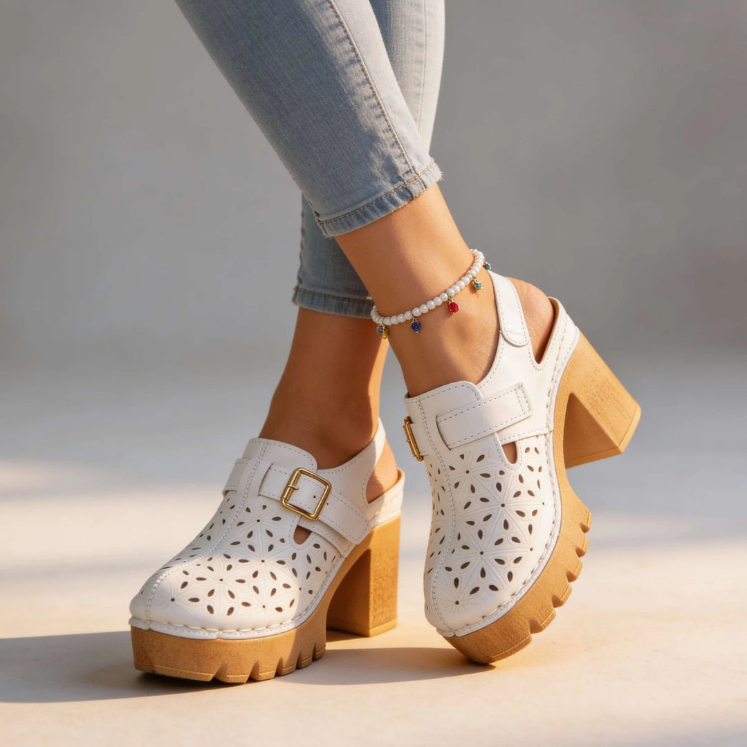 White Women's Platform Buckle Clogs — Brielle Faux Leather Cutout Block Heel - Studio Walking