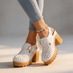 White Women's Platform Buckle Clogs — Brielle Faux Leather Cutout Block Heel - Studio Walking