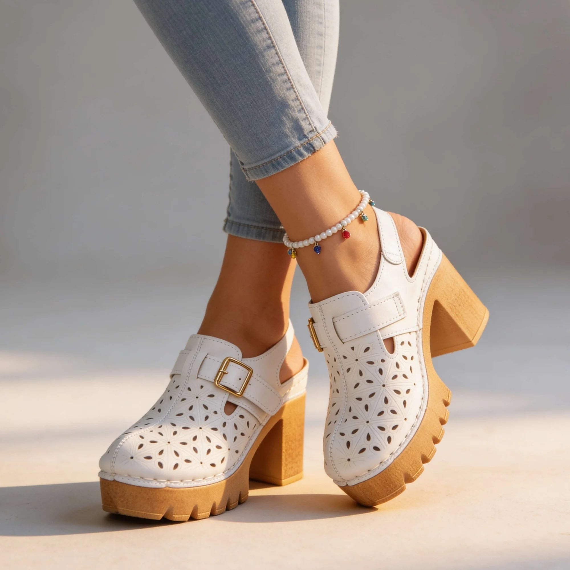 White Women's Platform Buckle Clogs — Brielle Faux Leather Cutout Block Heel - Studio Walking