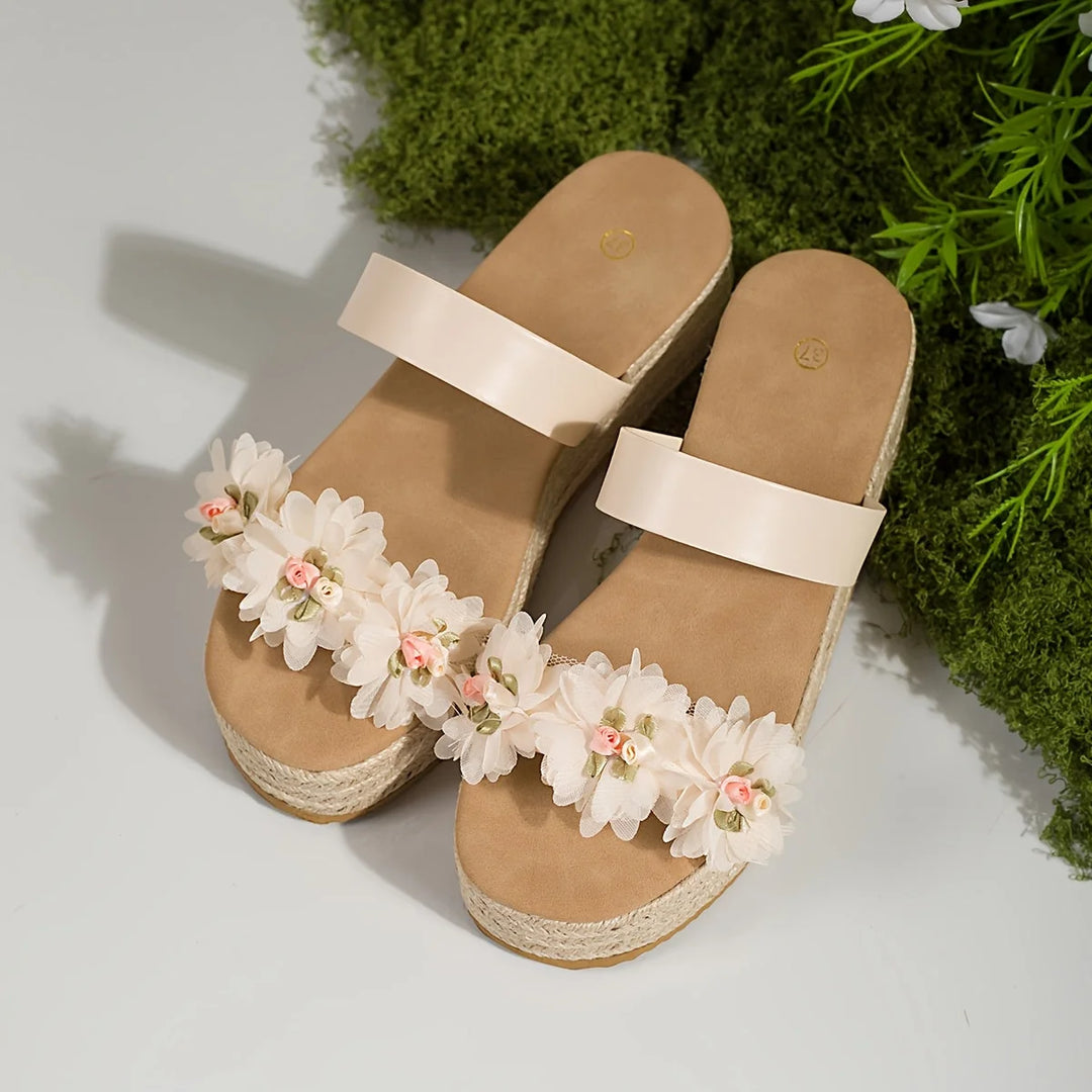 Cream Women's Summer Platform Sandals — Vita Floral Espadrille Wedge - Flat Lay